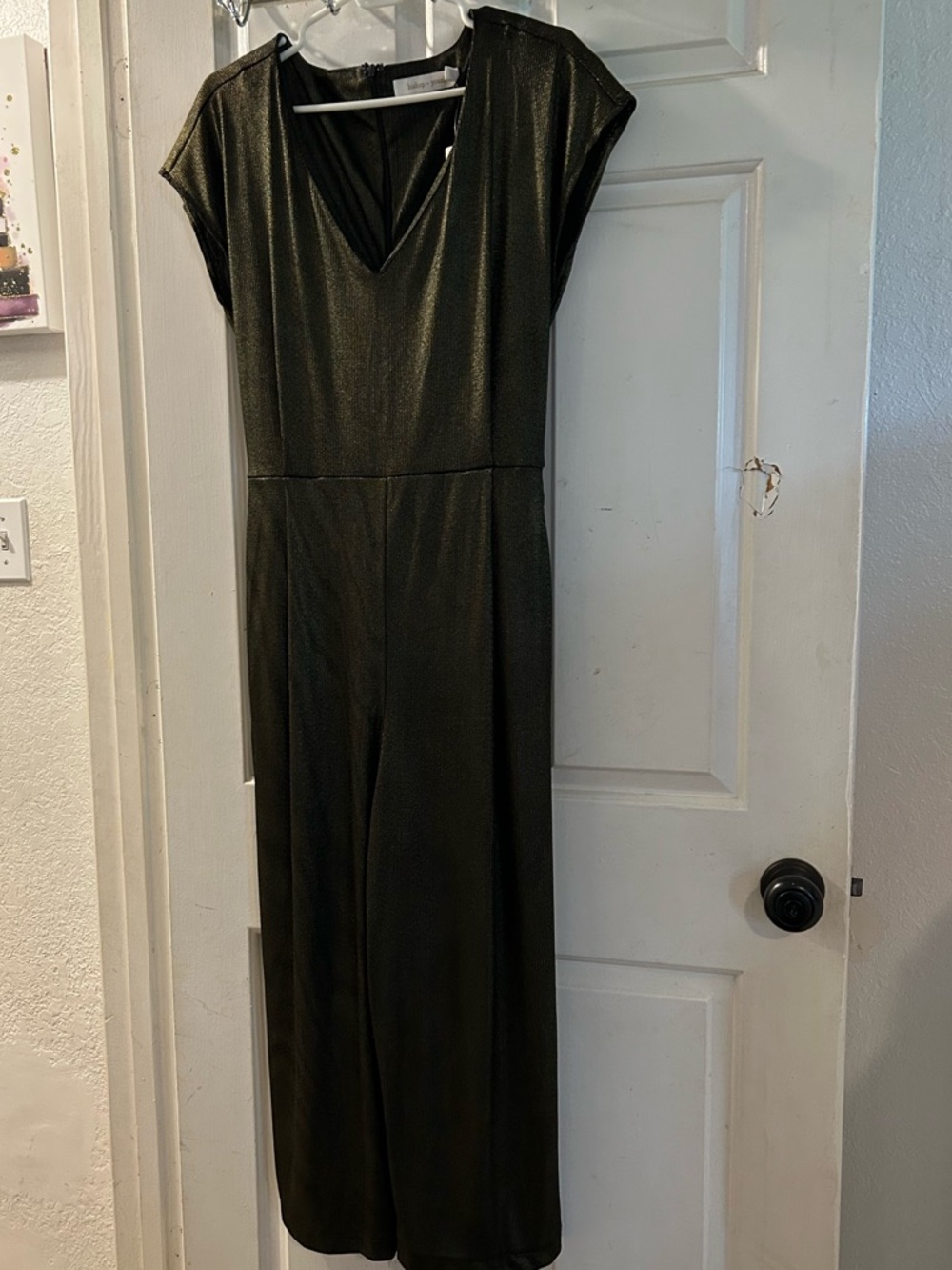 Anthropologie Metallic Olive V-Neck Jumpsuit